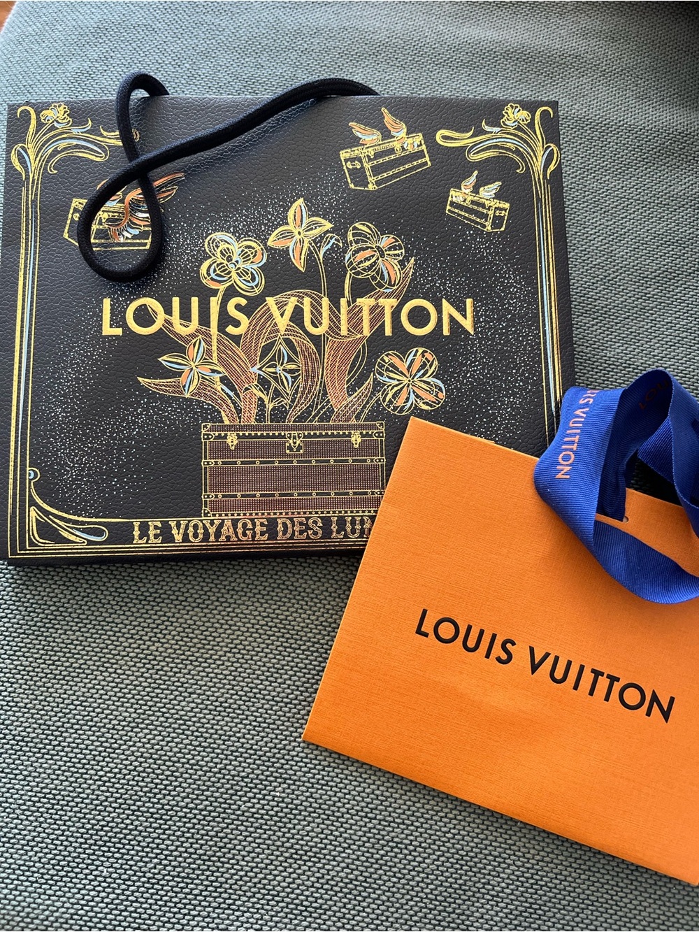 Louis Vuitton Orange and Black Decorative Shopping Bags with Blue Ribbon (small)